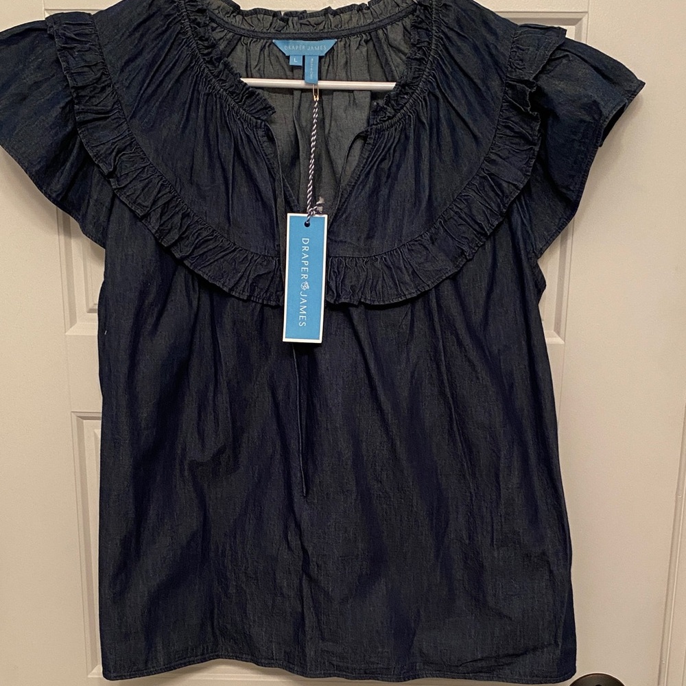 Draper James Navy Denim Ruffle Flutter Sleeve Blouse NWT